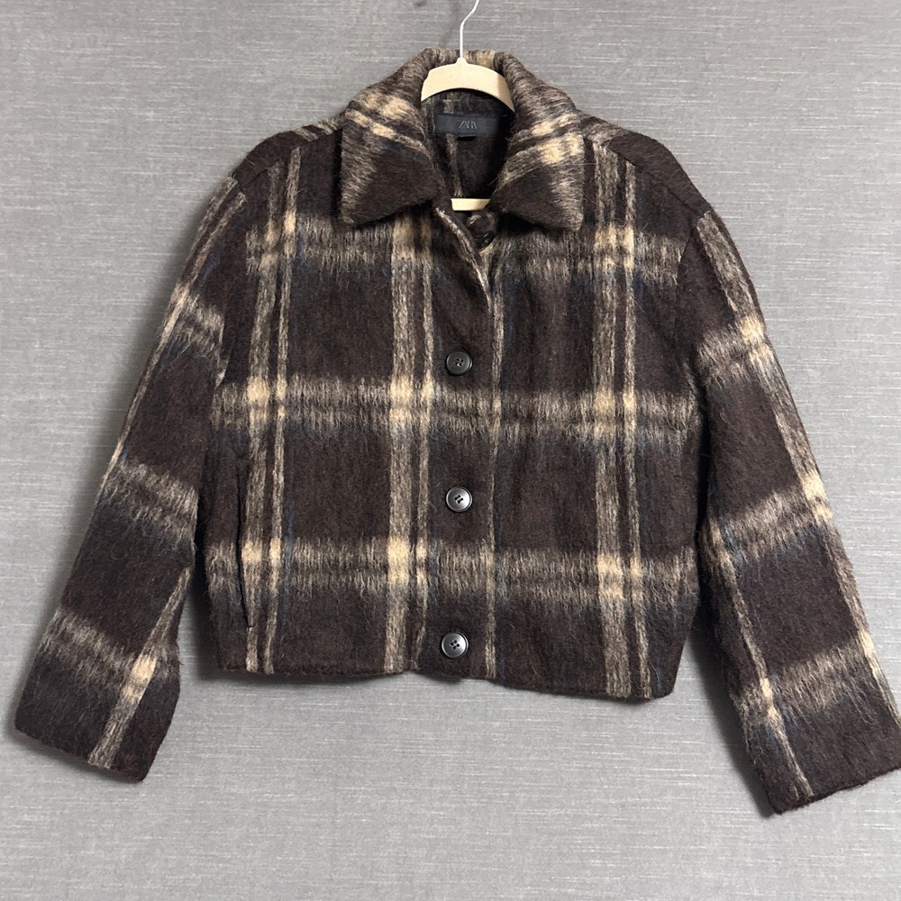 Zara Jacket S Brown Plaid Wool Blend Bomber Cropped Fuzzy Fall Winter Casual